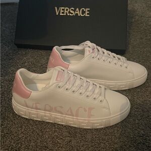 Versace Women's White and Pink Logo Sneakers